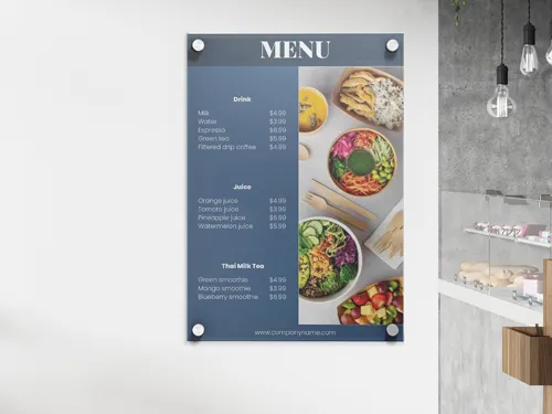 Acrylic menu sign with clear, bold lettering and a sleek design. Durable and ideal for displaying menus in restaurants or cafes