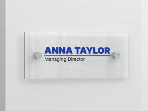 Acrylic nameplates with custom lettering and a sleek, professional design. Durable and perfect for office or workspace use