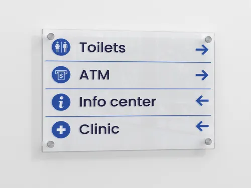 Acrylic wayfinding signs with clear, bold lettering and a modern design. Durable and ideal for guiding visitors in indoor or outdoor spaces