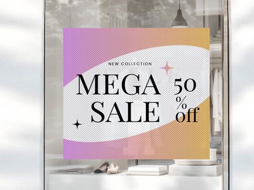 Storefront perforated window decal advertising Mega Sale with 50% off.