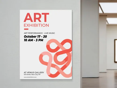 Contemporary foam board sign with bold typography and abstract design, promoting an art exhibition with event details, mounted on a gallery wall