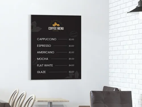 Chic PVC sign with a black background and clean white text, showcasing a minimalist café menu design, perfect for modern interior settings