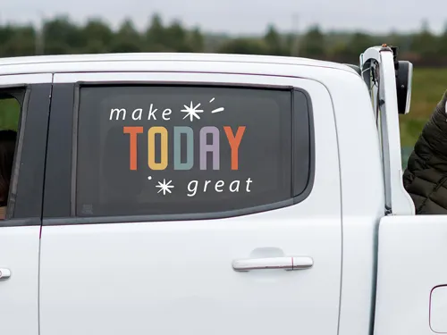 Colorful custom truck decal with Make Today Great in a playful decorative style.