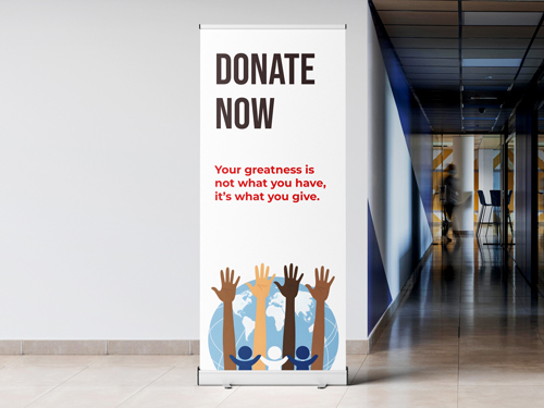 A retractable banner communicating the details of a donation event.