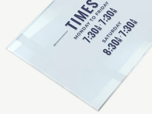 Clear acrylic sign with custom lettering and a sleek, modern design. Durable and ideal for indoor or outdoor use