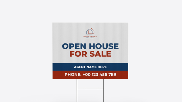 A real estate yard 1sign featuring Open House For Sale in bold letters.