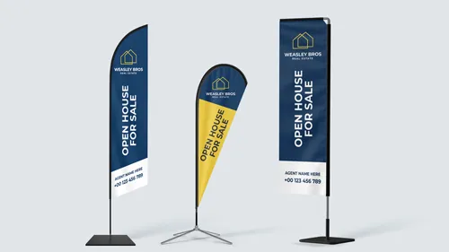 Custom open house flags with different base styles and shapes for real estate promotions.