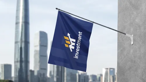Custom street flag on a pole with a word Investment and the logo.