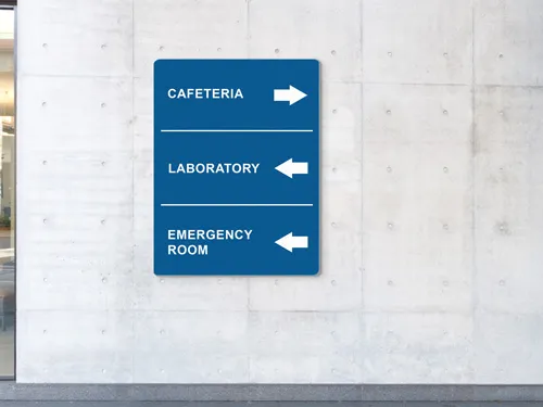 Driveway and street wooden sign with a blue background and navigational arrows.
