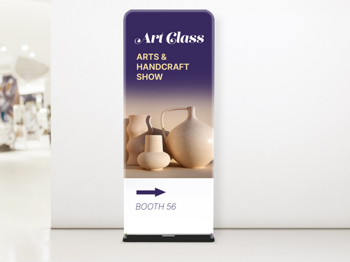Tension fabric stand at the Arts & Handcraft Show with ceramic vases and Booth 56 info.