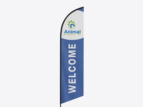 A welcome message on a feather flag for Animal Hospital in blue hues.