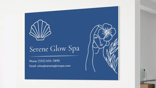 Elegant foam board sign with a minimalist red design, featuring spa branding, contact info, and a line art illustration of a woman with floral elements