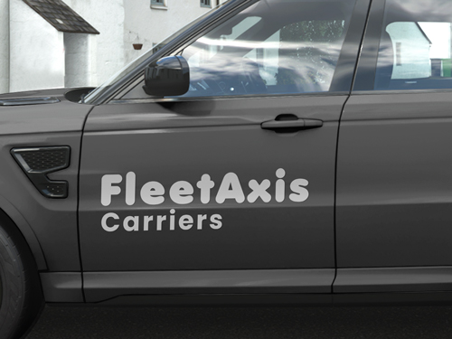Frosted vehicle lettering on gray car door with corporate graphics.