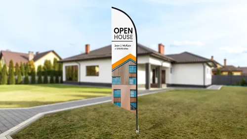 Garden and yards custom flag displaying an Open House text and image of a house.
