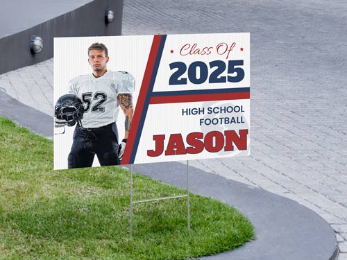 A corrugated plastic sign featuring a football player and the text Class of 2025.