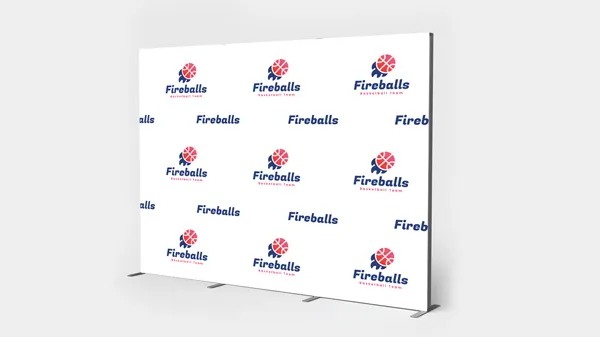 Sleek SEG fabric display featuring bold brand logos and modern graphic elements.