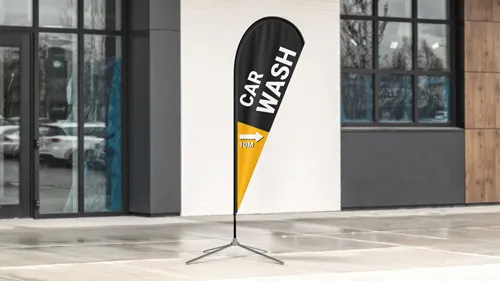 Black and yellow car wash custom flag with a white directional arrow.