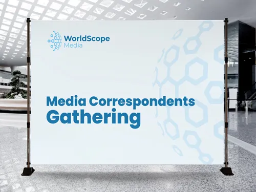 A business step and repeat banner displaying the brand name and logo for a media event.