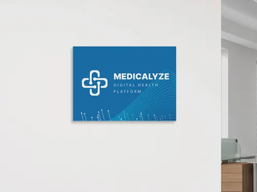 Professional PVC sign with a sleek blue design, featuring medical branding and digital health platform text, mounted on a clean white office wall