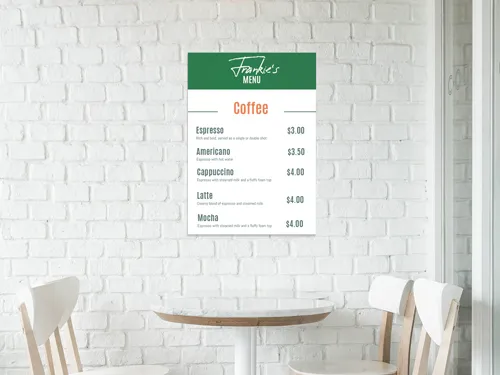 Stylish styrene sign with a minimalist black and white menu design, ideal for cafés, restaurants, and food counters