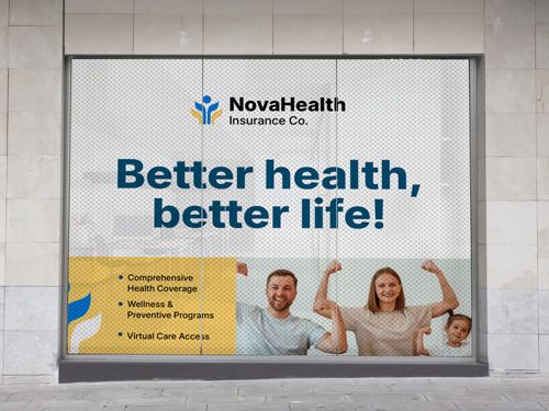 A branding perforated window decal with company’s motto and an image of happy customers.