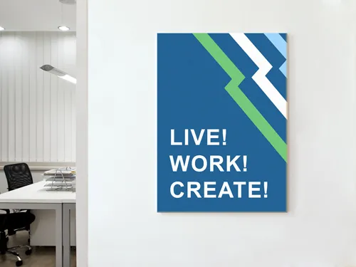  Office wooden sign with Live, Work, Create on blue background, installed in the lobby.