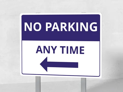 Aluminum parking and road signs in blue and white.