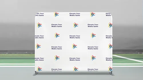 Step-and-repeat standing banner with repeating logo pattern and Preview watermark overlay