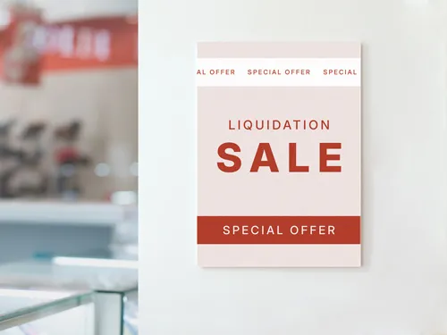 Eye-catching PVC sign with a soft pink and red design, promoting a liquidation sale, mounted in a retail setting
