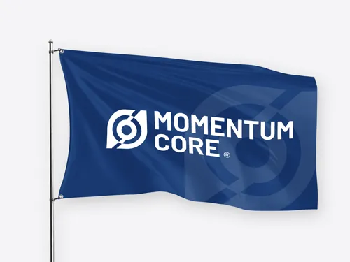 Elegant pole flag in dark blue displaying Momentum Core text and the logo.