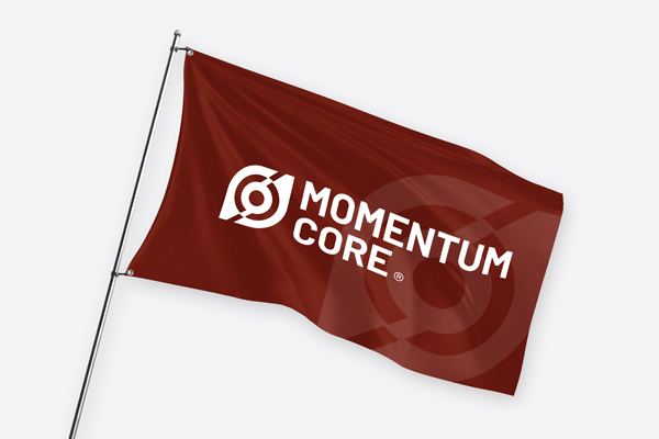 Red pole flag with white Momentum Core logo and text.