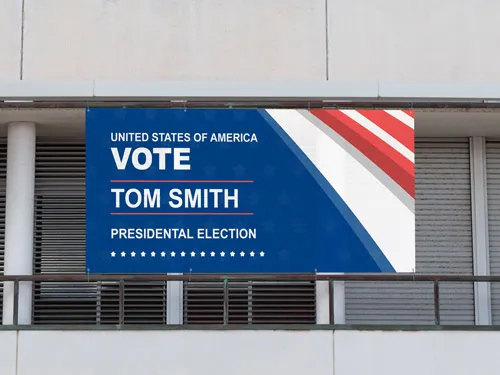 Patriotic blue campaign mesh banner for presidential election with American flag design.