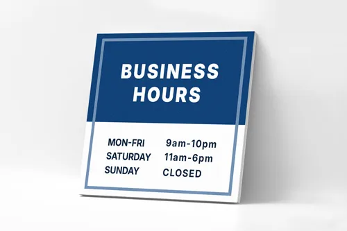 Bold PVC sign with a clean blue and white layout, displaying business hours for weekdays and weekends in a modern, easy-to-read format