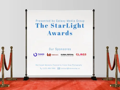 Red carpet step and repeat banner featuring the event name.