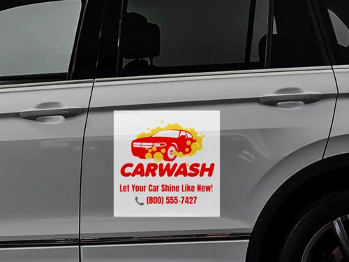 Carwash reflective decal with a red car, bubbles, and phone number.