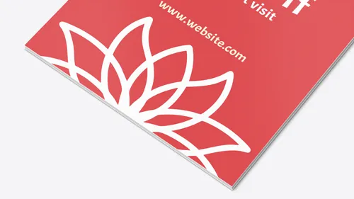 Decorative foam board sign with a bold red background, featuring a large white floral line design and a website URL in clean, modern text