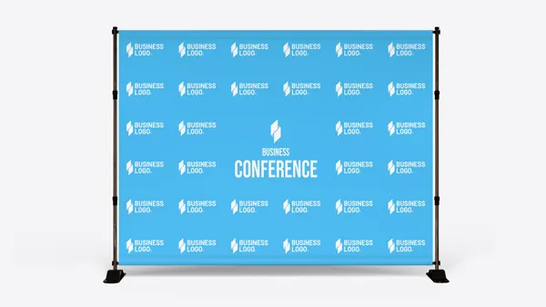 Blue Business Conference step and repeat banner.