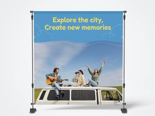Lively step and repeat standing banner featuring travelers