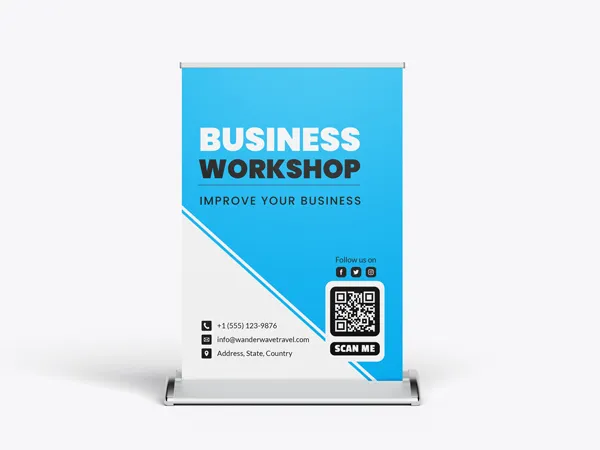 Tabletop banner for Business Workshop with contact details and a QR code for scanning.