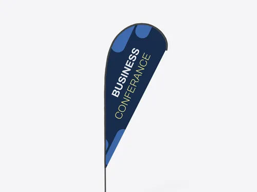 A bold teardrop flag for Business Conference in light and dark blue.