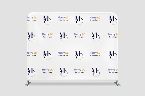 A tension fabric backdrop covered in two sets of logos.