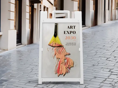 Trade show sandwich board: “Art Expo” with brush and paint.