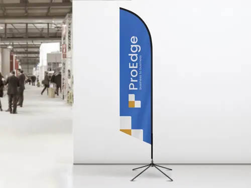 Blue feather flag for trade shows and expos featuring the brand name.