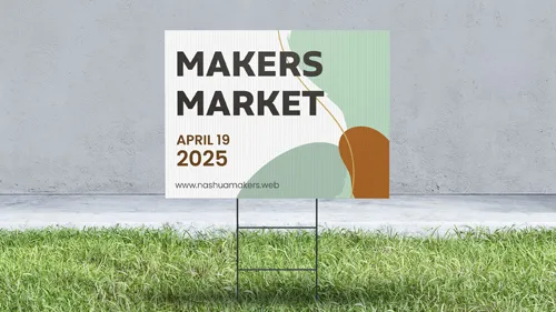 Free-standing plastic sign promoting the Makers Market event on April 19, 2025.