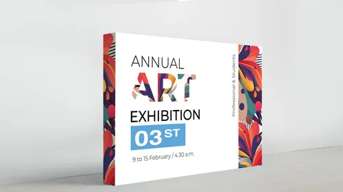 Colorful standing banner for Annual Art Exhibition with vibrant abstract patterns