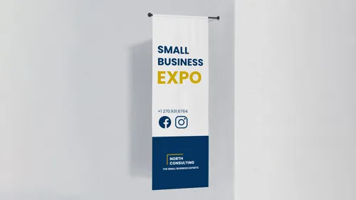 Trade show custom flag with a Small Business Expo text and contact details.