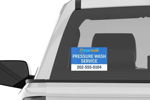 A blue and white truck window decal showcasing business information and a phone number.
