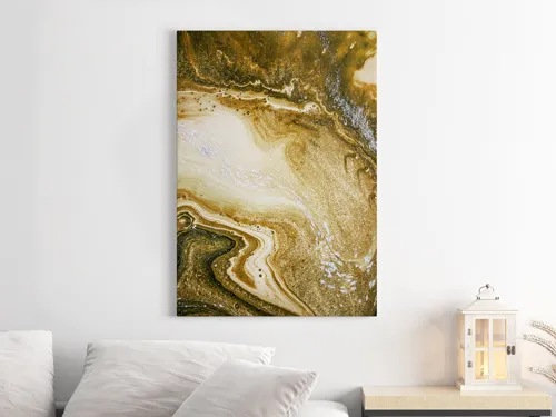 Stylish foam board sign featuring abstract marble-like artwork in earthy tones, displayed above a cozy sofa in a minimalist living space