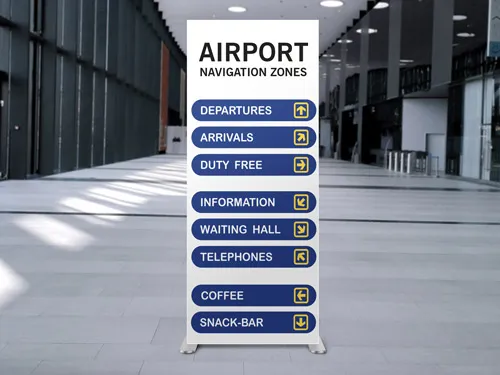 Wayfinding SEG fabric display with directional arrows for airport zones.