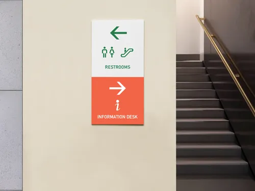 Clear styrene sign with directional arrows and simple icons, designed for effective indoor wayfinding in offices, venues, or public spaces